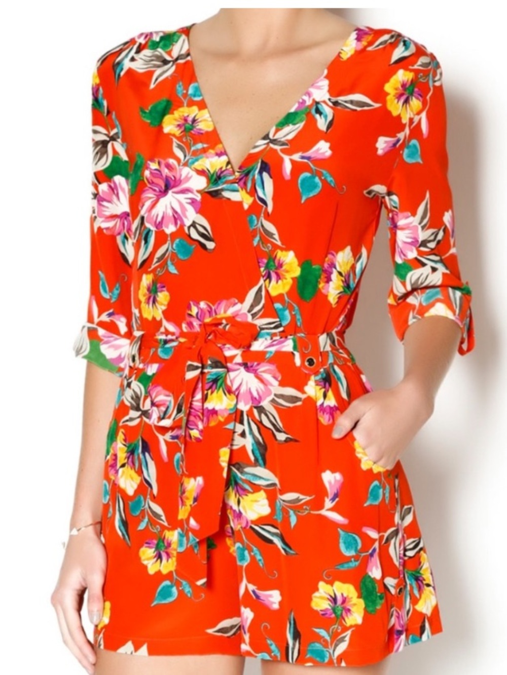 Yumi Kim Bright Orange Floral Liz Romper with Tie Waist size M